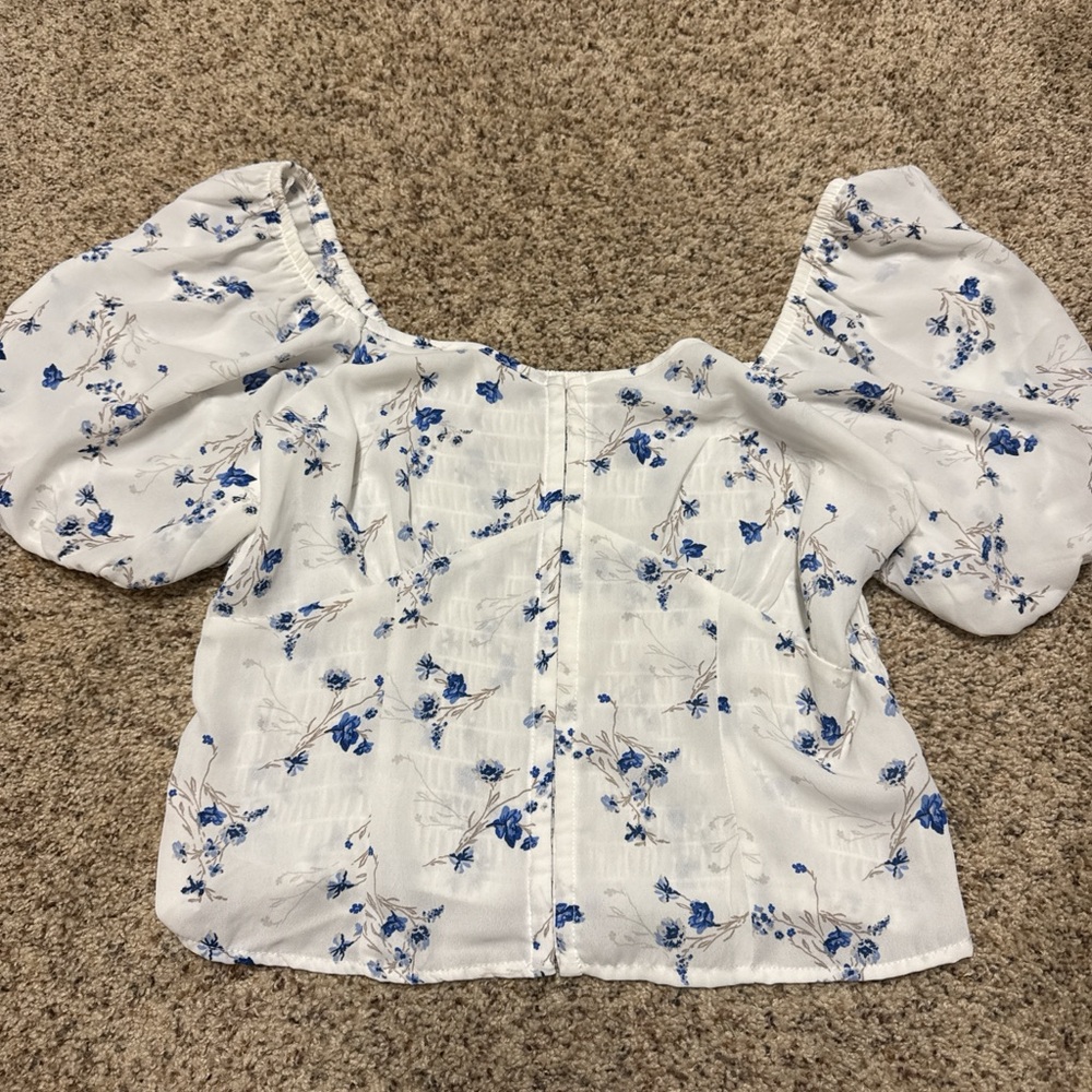 T.J.Maxx White and Blue Floral Blouse